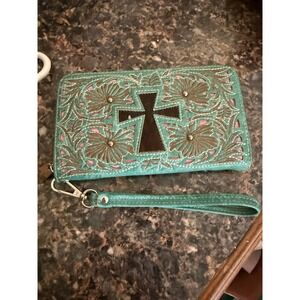 Western Turquoise Floral Tooled Cross Wristlet Wallet Zip Around Boho Clutch